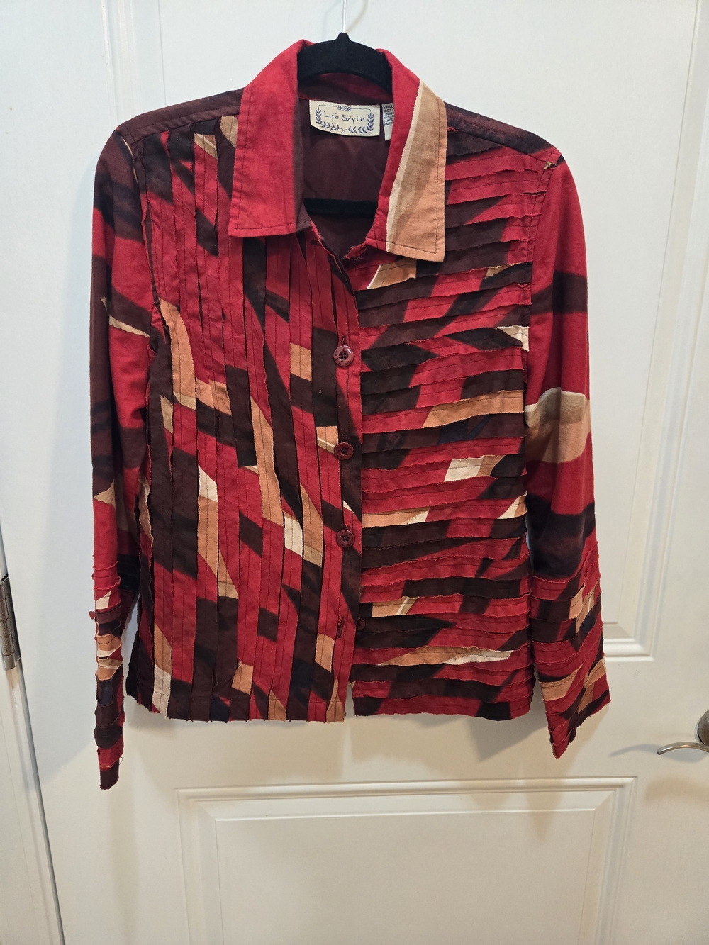 Vintage Life Style Womens 100% Cotton Textured Pintuck Button Down Blouse Red S